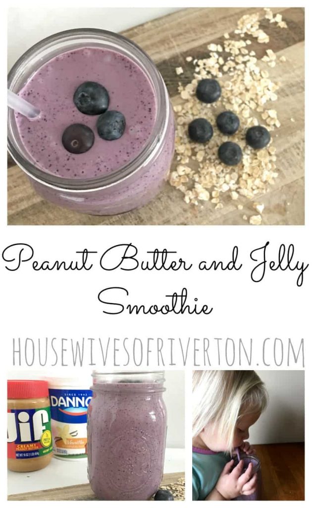 This Peanut Butter and Jelly Smoothie will be a HUGE hit at your house! You're kids are going to love the yummy flavor. Customize to your family's taste! | www.housewivesofriverton.com